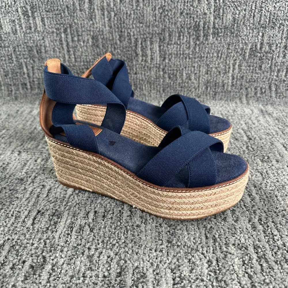 Tory Burch Ines Espadrille Platform Wedge Sandals Woman's  8.5M Navy Tan Logo